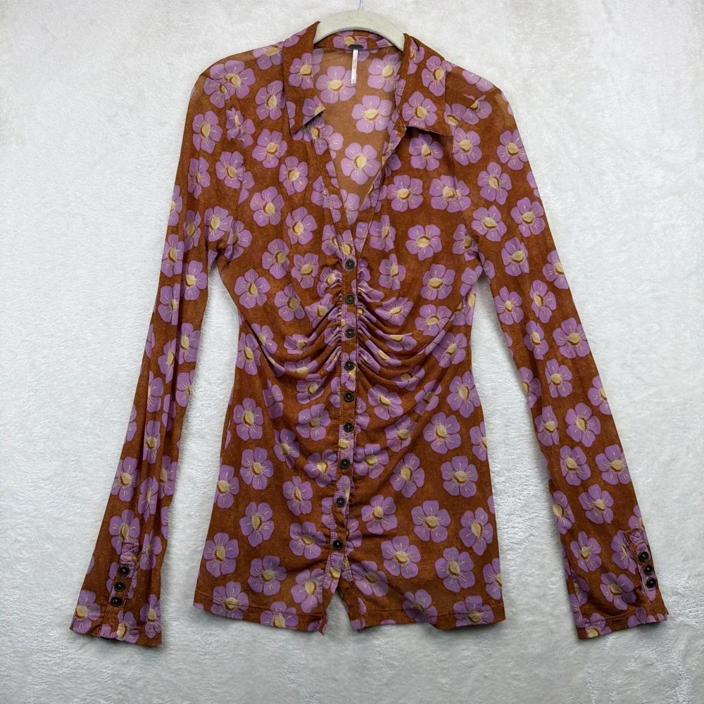 Free People Mesh Top Women's M Brown Floral Ruched Sheer Y2K Boho Stretch